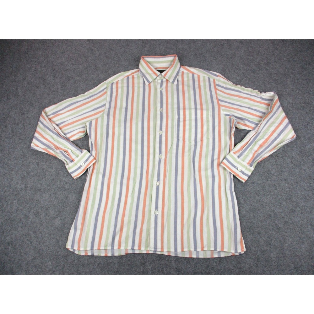 Ermenegildo Zegna Shirt Mens Medium White Orange Striped Dress Long Sleeve Italy